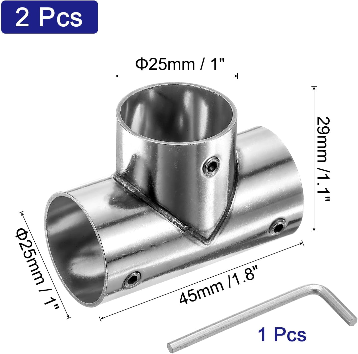 sourcing map 2Pcs Tee Structural Pipe Connectors 3 Way End Rails Clamp with Wrench Stainless Steel Corner Pipe Fittings for DIY Shelf Garden Support 1" Fit Pipe Dia, Silvery-1