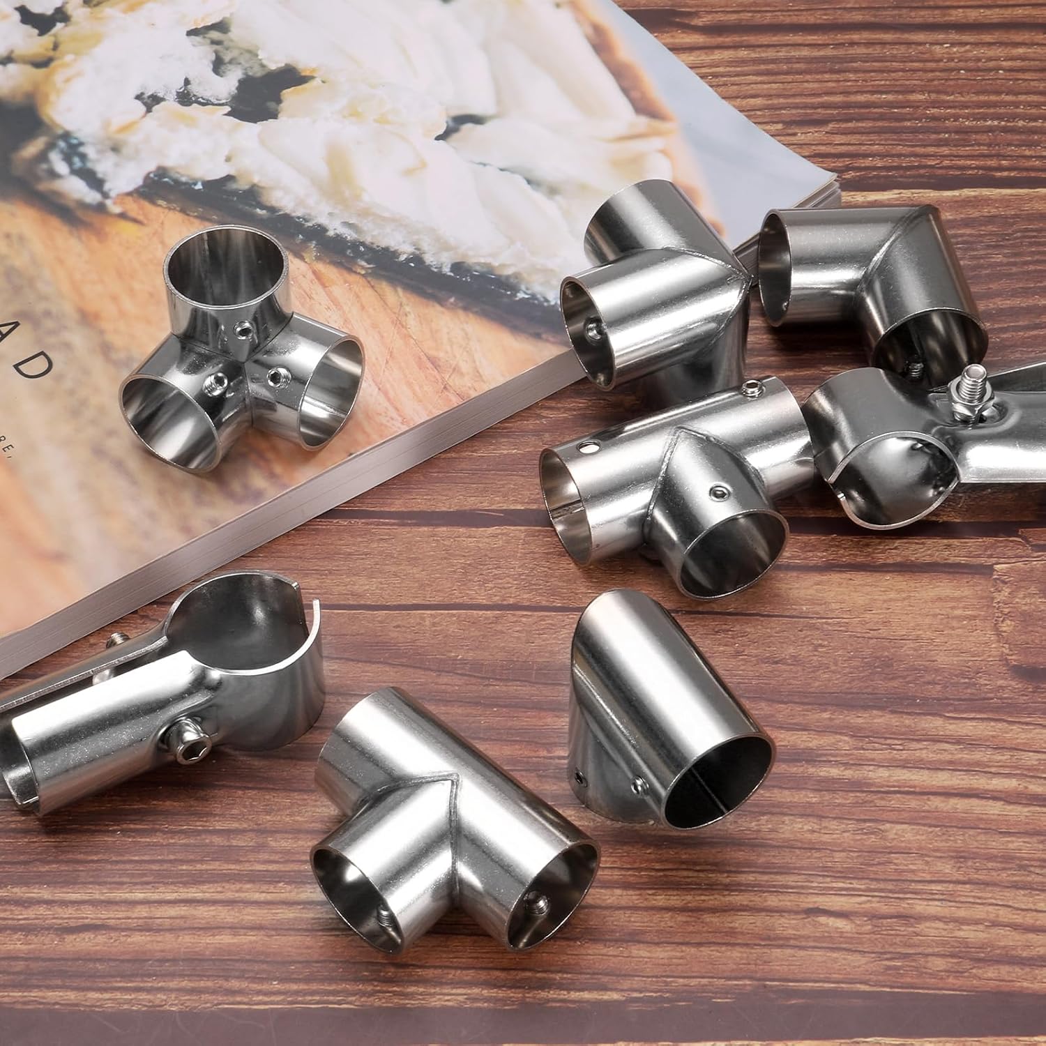 sourcing map 2Pcs Tee Structural Pipe Connectors 3 Way End Rails Clamp with Wrench Stainless Steel Corner Pipe Fittings for DIY Shelf Garden Support 1" Fit Pipe Dia, Silvery-2