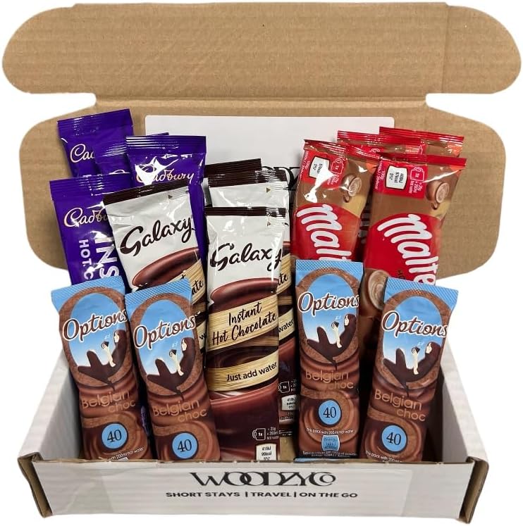 Hot Chocolate Bundle - Handy Travel Pack - Great for holiday hosts - 4 x Cadbury, Galaxy. Options Belgian and Maltesers (16 pack) - Includes WoodzyCo Box and Thank you card-0