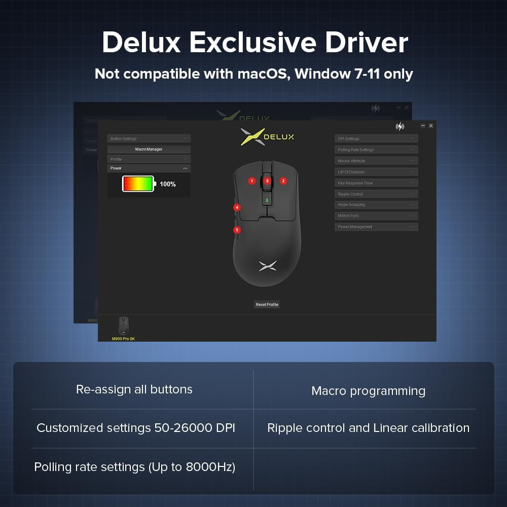 DeLUX Ergonomic Wireless Gaming Mouse M900, 63g Lightweight, With Charging Dock, PAW3311 Sensor 12K DPI, 1000Hz Polling Rate, Rechargeable, Dual Mode (Black)-6