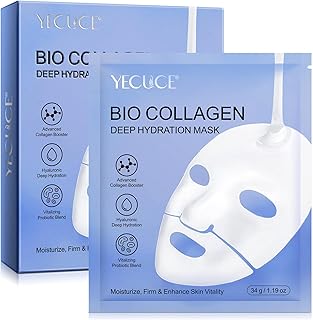 Bio Collagen Face Mask 6pcs, Intense Hydration, Reduce Fine Lines & Wrinkles, Soothing & Hydrating Overnight Hydrogel Mask, Pore Minimizing, Elasticity Improvement, Anti Aging and Rejuvinating Sheets