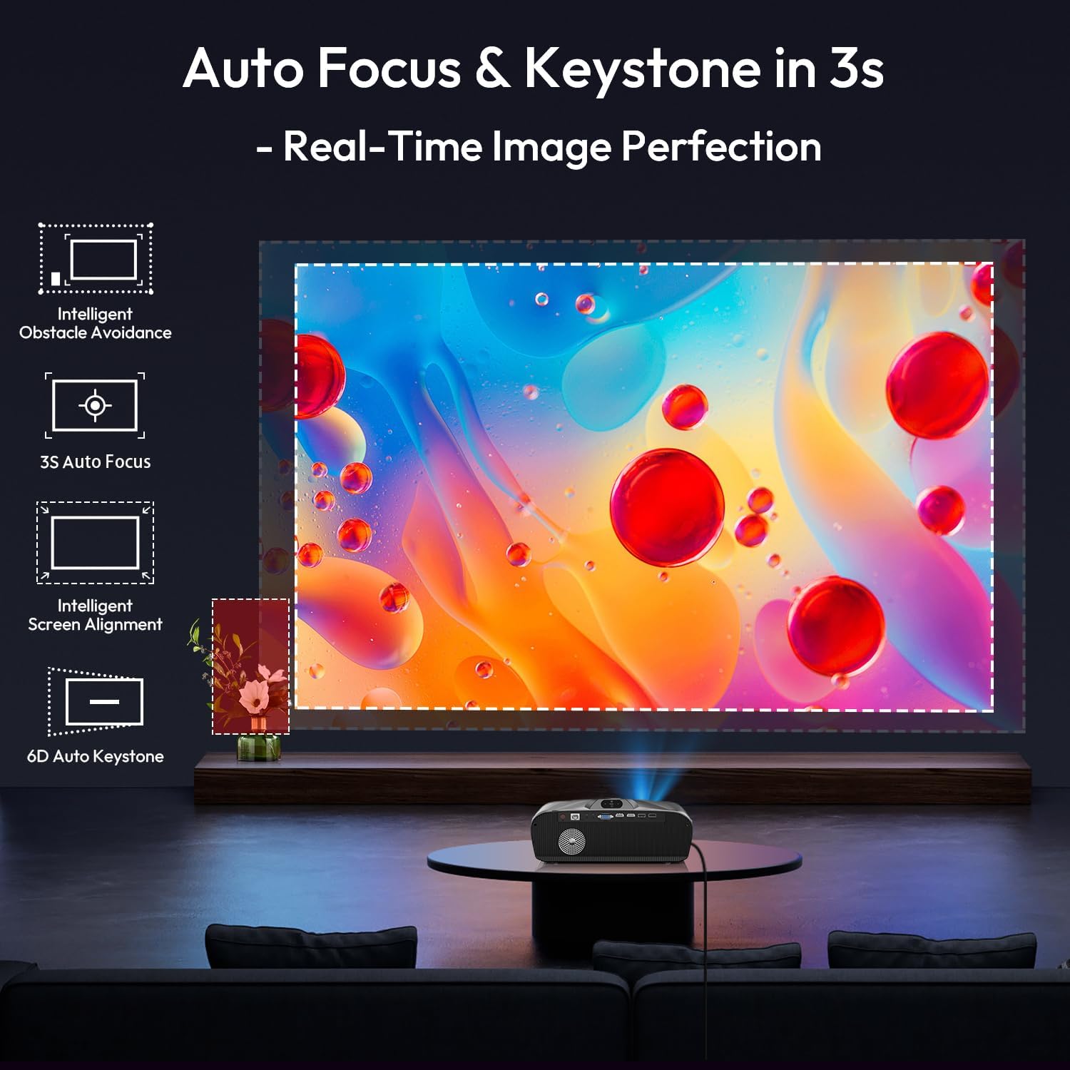 [Auto Focus/Keystone] 4K HDR Projector with WiFi 6 and Bluetooth 5.2, 1200 ANSI Smart Movie Daytime Projector, Ultra HD Home Theater Projector for Gaming Office Works Wireless Cast Netflix Youtube-1