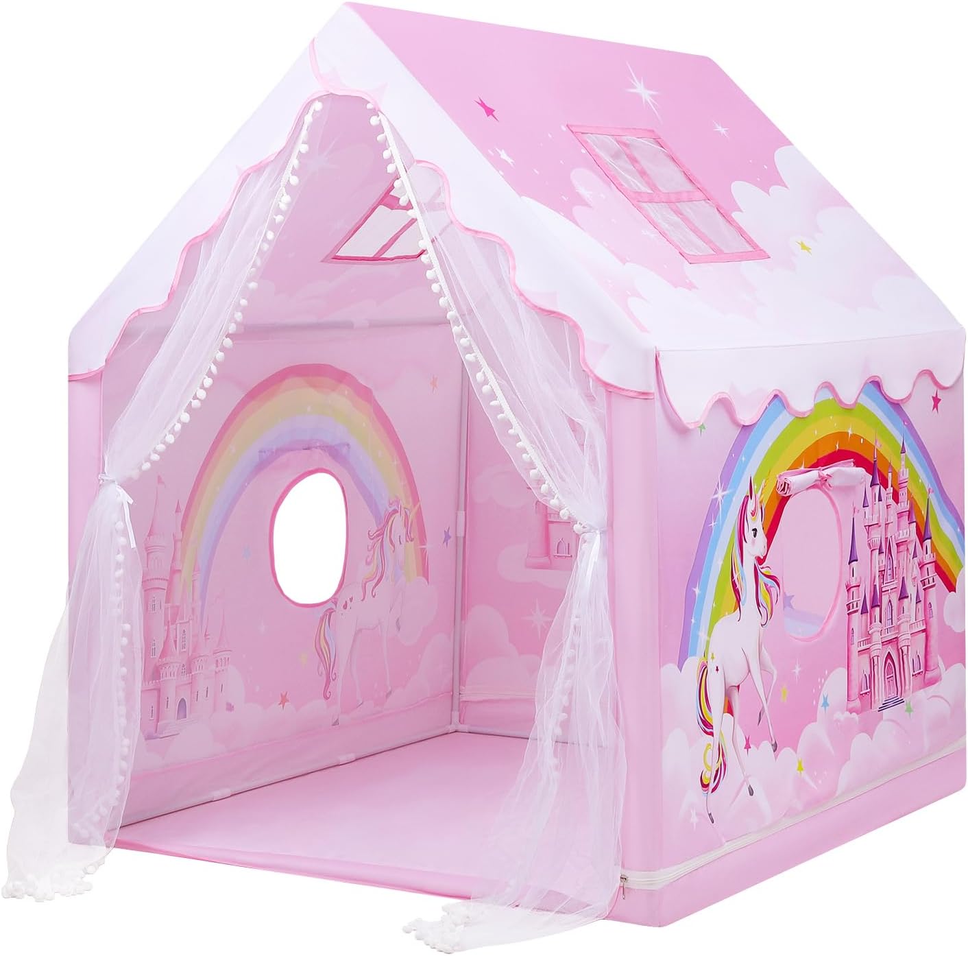 Unicorn Kids Play Tent,Large Pink Playhouse for Kids Girls Indoor Outdoor,Pricess Castle Tent with Windows,Gift for Toddler Children-0