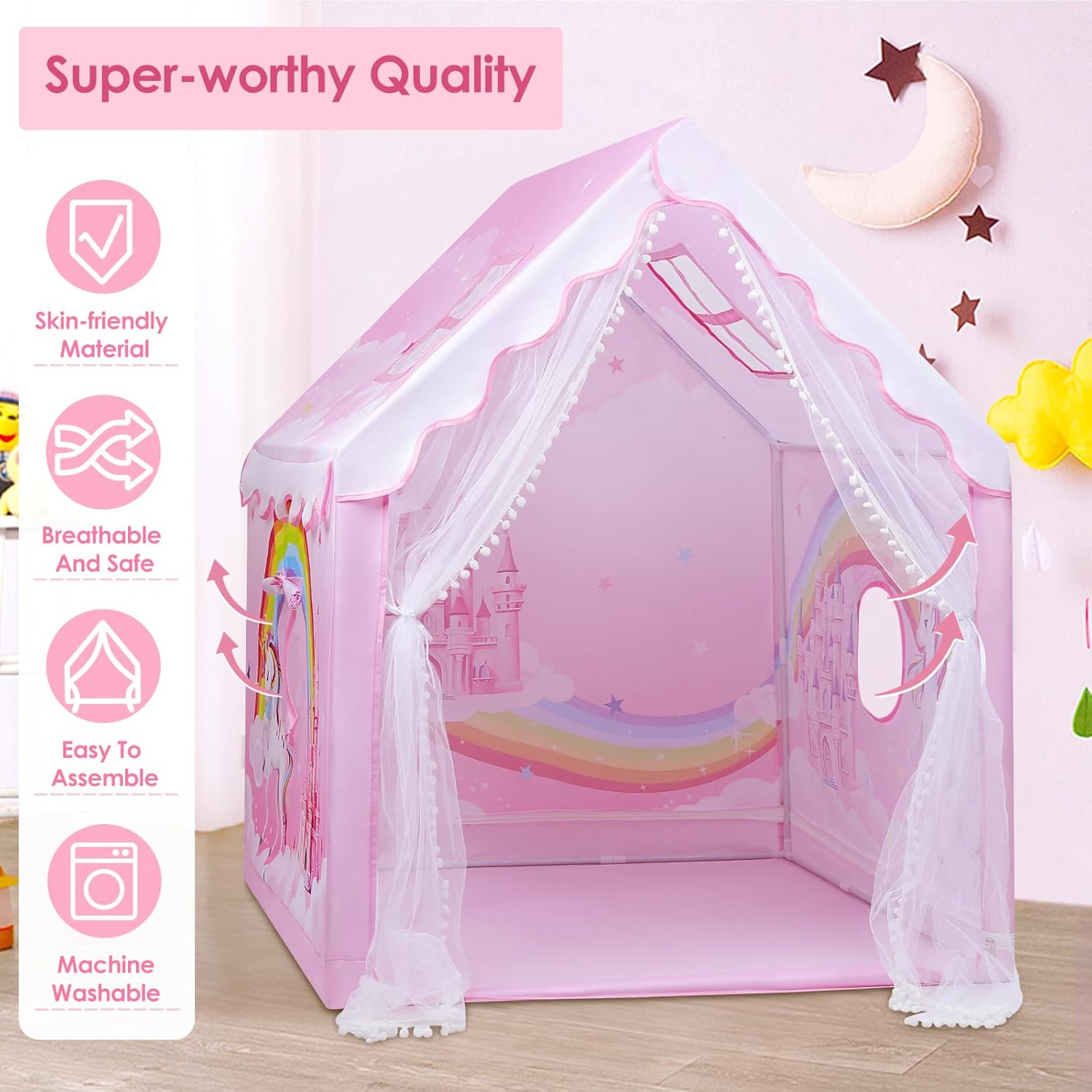 Unicorn Kids Play Tent,Large Pink Playhouse for Kids Girls Indoor Outdoor,Pricess Castle Tent with Windows,Gift for Toddler Children-1