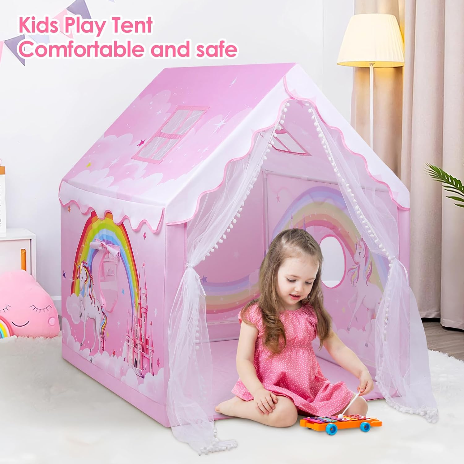 Unicorn Kids Play Tent,Large Pink Playhouse for Kids Girls Indoor Outdoor,Pricess Castle Tent with Windows,Gift for Toddler Children-3