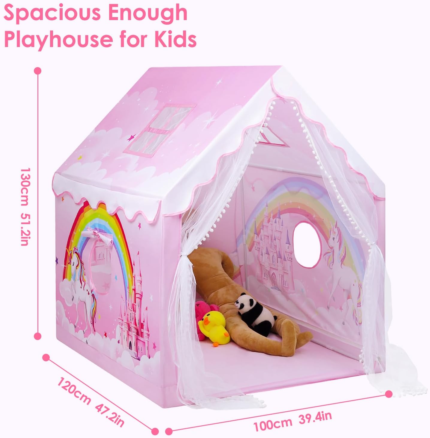 Unicorn Kids Play Tent,Large Pink Playhouse for Kids Girls Indoor Outdoor,Pricess Castle Tent with Windows,Gift for Toddler Children-5