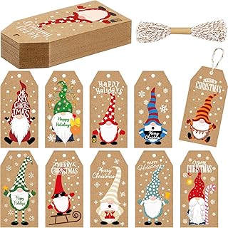 Zonon 50 Pieces Christmas Gift Tags 10 Styles Xmas Gift Label with Twine Christmas Hanging Tag Label for Presents Wrapping Christmas DIY Decoration(Various Gnome)