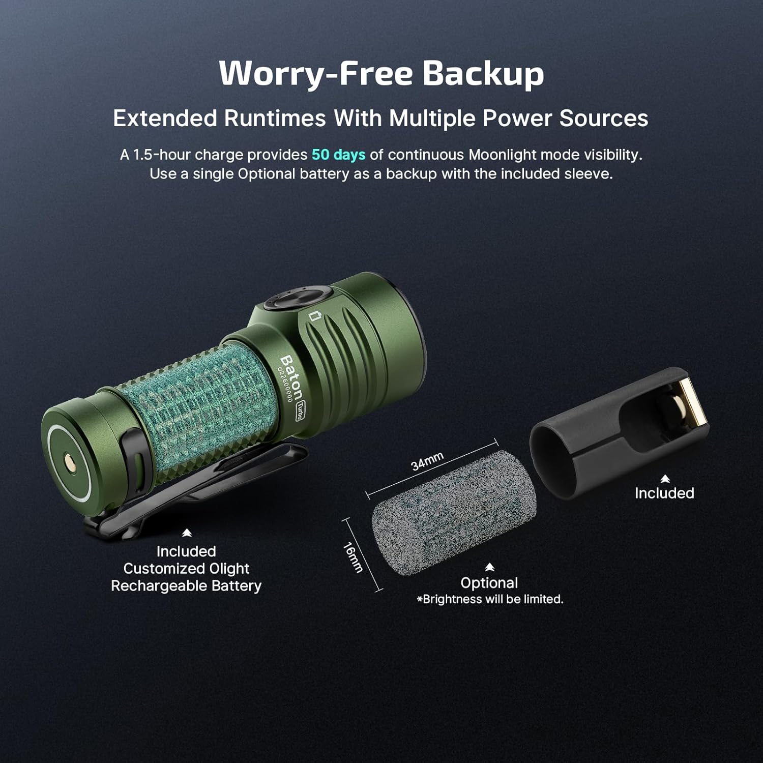 OLIGHT BatonTurbo 510 Meters Long-Range Pocket EDC Torch 1,000 Lumens Powered by Rechargeable Battery or Optional Power Sources Small LED Flashlight for Outdoors, Indoors and Emergency (OD Green)-2