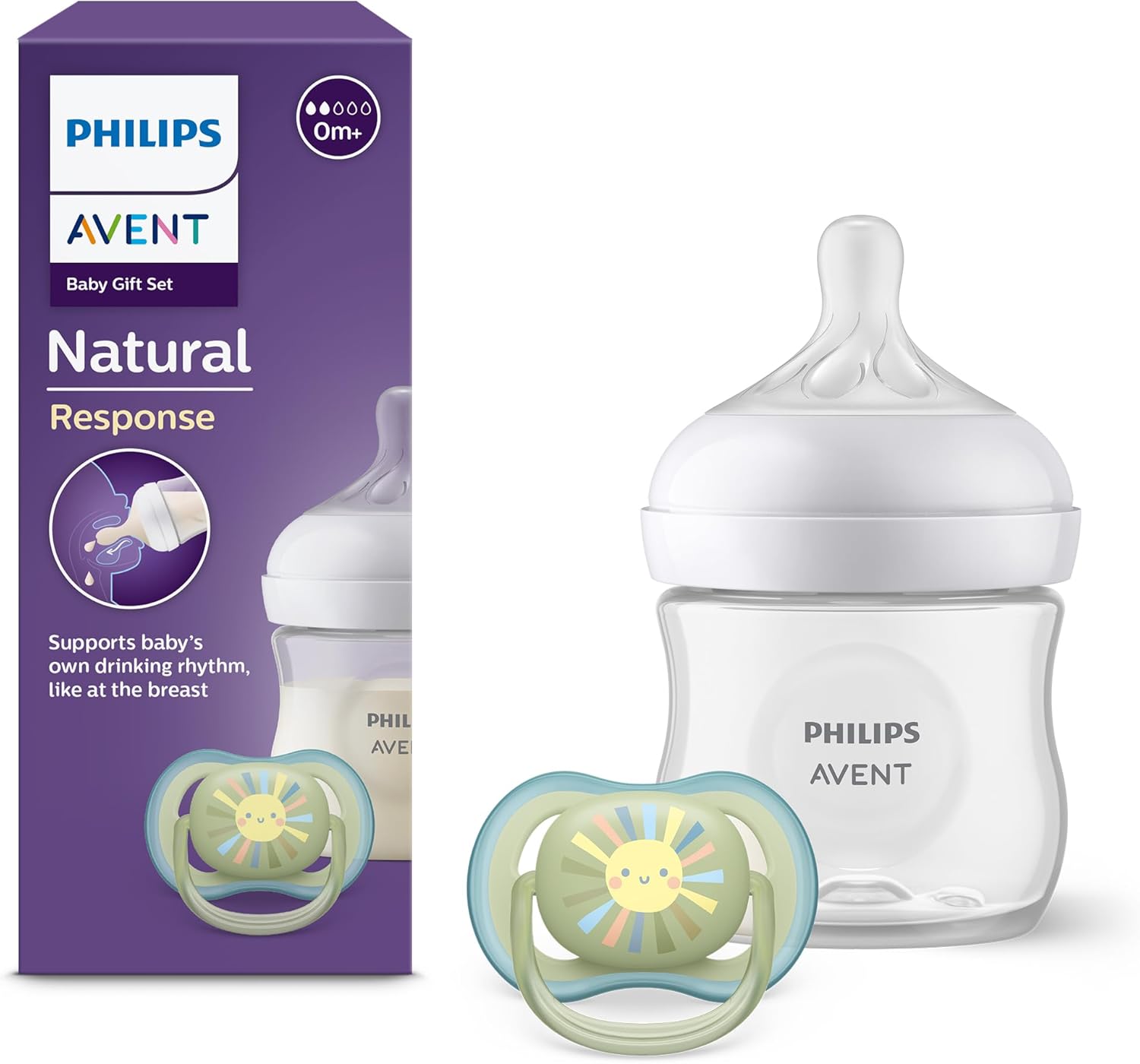 Philips Avent Natural Response Baby Gift Set, Natural Response Baby Bottle 4oz/125ml with T2 (0m+ Teat), Ultra Air Pacifier, Model SCD837/10-0