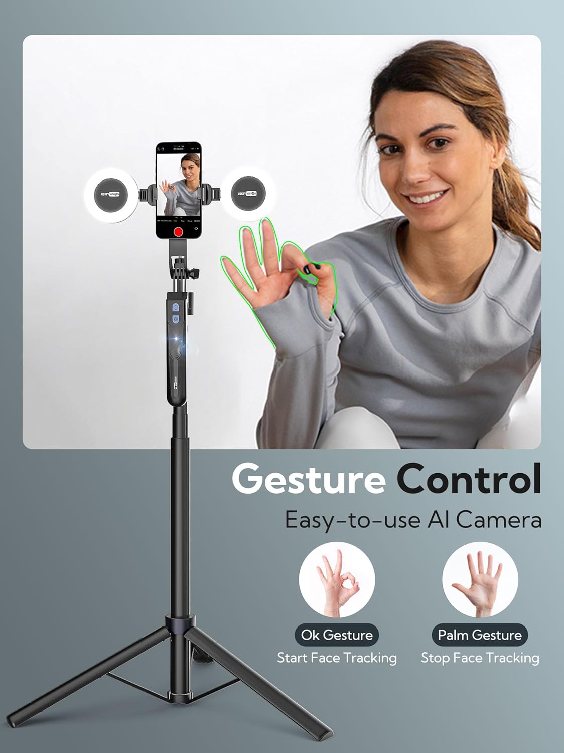 USKEYVISION Auto Face Tracking Tripod for Smartphones,70“ Cell Phone Tripod w/LED Light,Selfie Stick for iPhone w/Remote Control,Phone Holder Video Recording for YouTube, TikTok Live-Streaming(UTK-02)-2