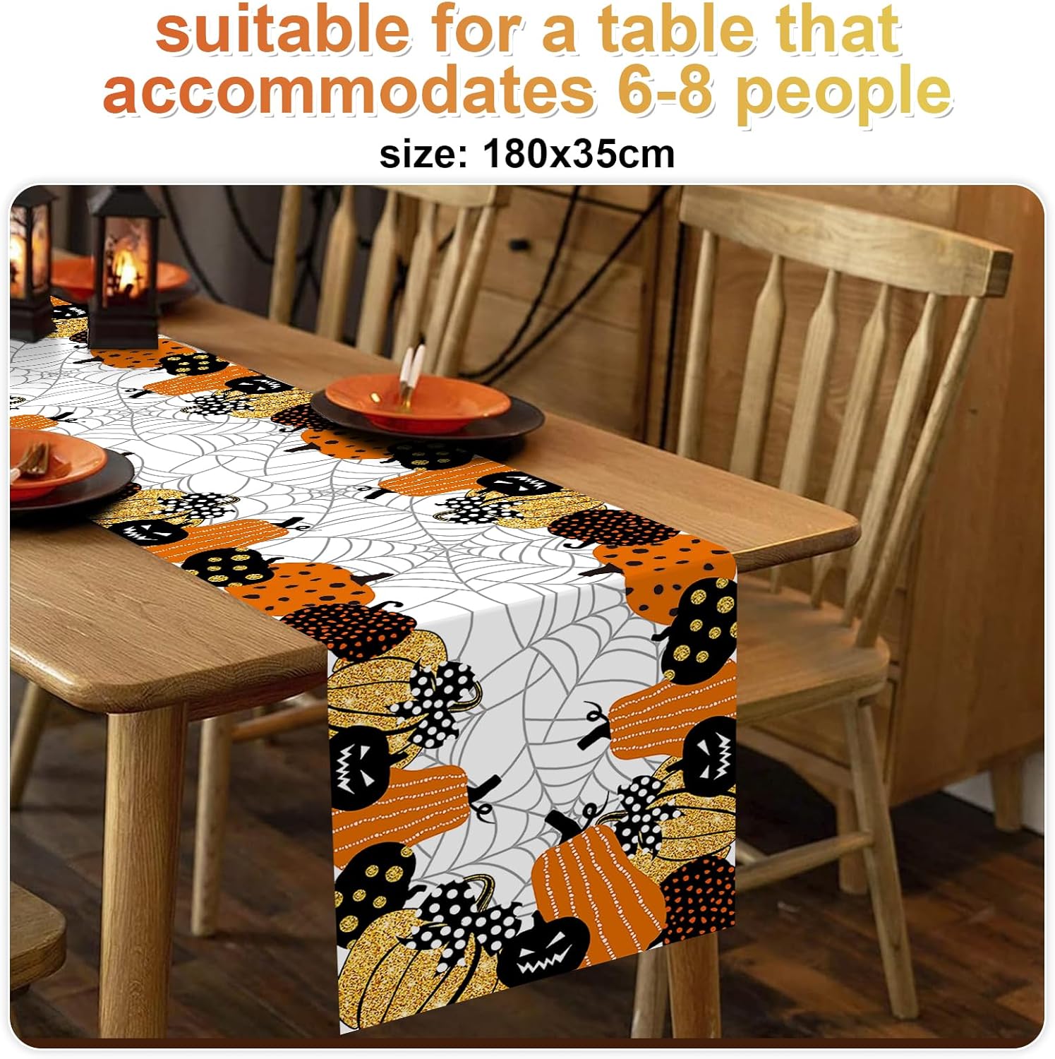 Halloween Table Runner, Pumpkin Spider Web Table Runner Cover, Halloween Holiday Kitchen Decor, Cute Table Cloth for Kitchen Dining Table Home Party Indoor Outdoor Decoration, 183x35cm-1