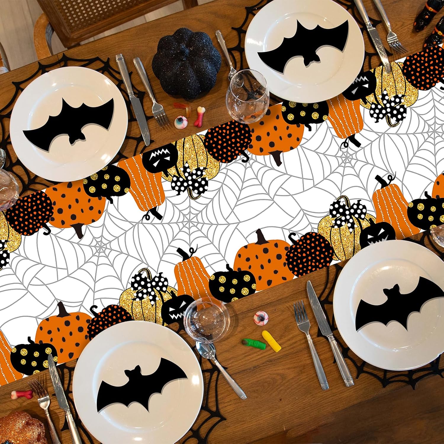 Halloween Table Runner, Pumpkin Spider Web Table Runner Cover, Halloween Holiday Kitchen Decor, Cute Table Cloth for Kitchen Dining Table Home Party Indoor Outdoor Decoration, 183x35cm-2