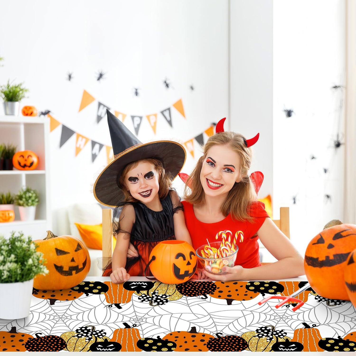 Halloween Table Runner, Pumpkin Spider Web Table Runner Cover, Halloween Holiday Kitchen Decor, Cute Table Cloth for Kitchen Dining Table Home Party Indoor Outdoor Decoration, 183x35cm-3