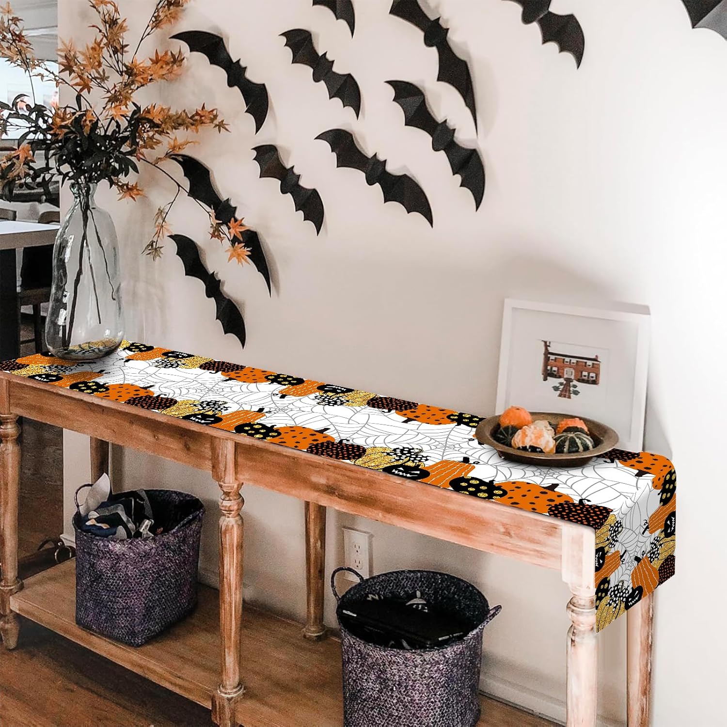 Halloween Table Runner, Pumpkin Spider Web Table Runner Cover, Halloween Holiday Kitchen Decor, Cute Table Cloth for Kitchen Dining Table Home Party Indoor Outdoor Decoration, 183x35cm-4