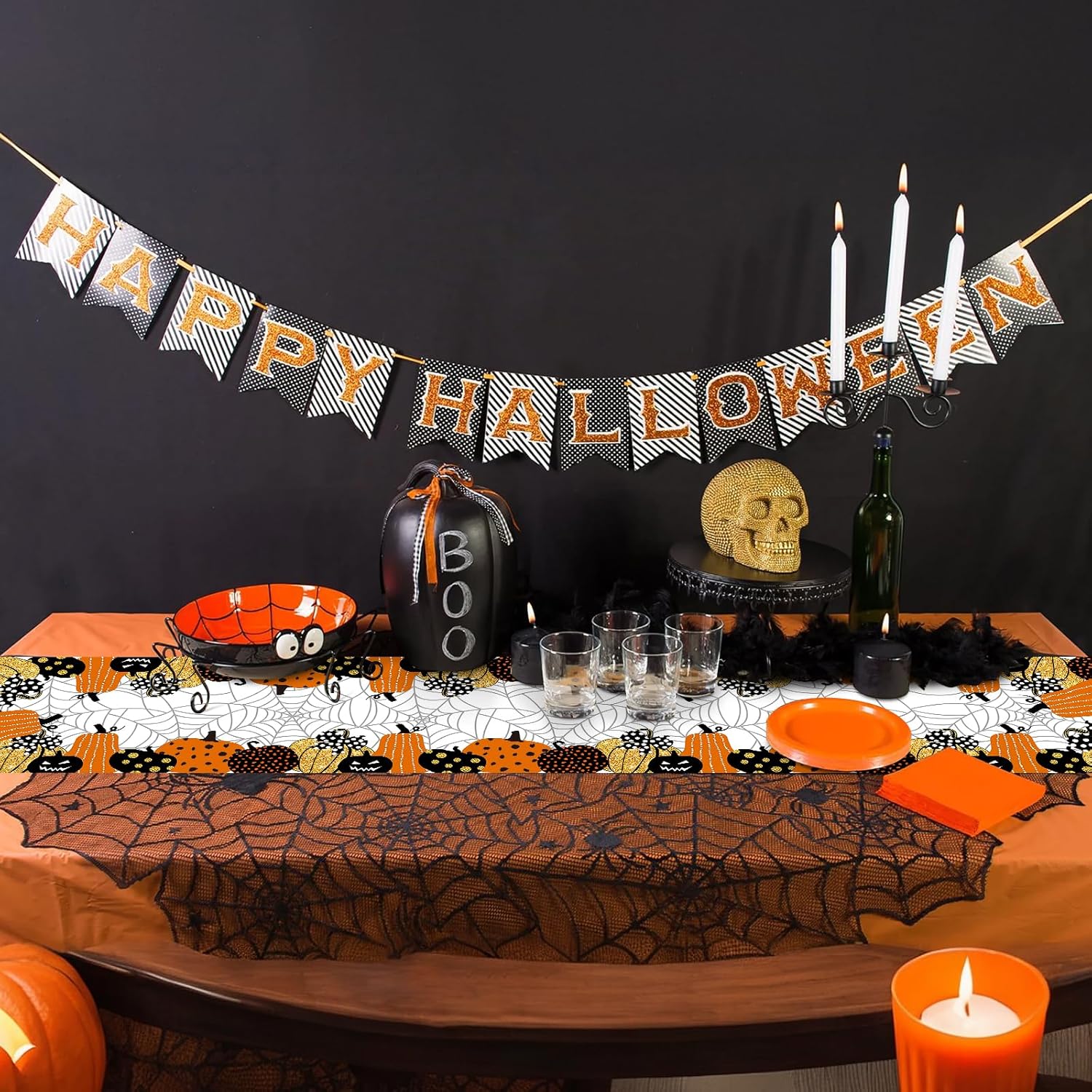 Halloween Table Runner, Pumpkin Spider Web Table Runner Cover, Halloween Holiday Kitchen Decor, Cute Table Cloth for Kitchen Dining Table Home Party Indoor Outdoor Decoration, 183x35cm-5