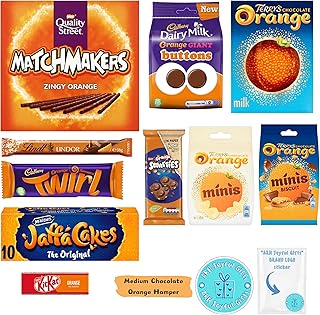 Medium Orange Chocolate Gift with Terrys Chocolate Orange Box, Bag and Minis, Cadbury Chocolate Twirl and Buttons, Quality Street Matchmakers, Mcvities Jaffa Cakes, Lind, Kit Kat, and Smarties