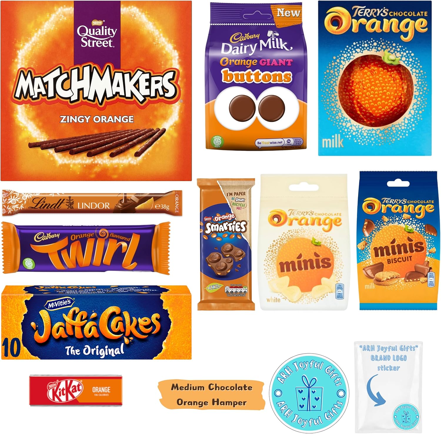 Medium Orange Chocolate Gift with Terrys Chocolate Orange Box, Bag and Minis, Cadbury Chocolate Twirl and Buttons, Quality Street Matchmakers, Mcvities Jaffa Cakes, Lind, Kit Kat, and Smarties-0