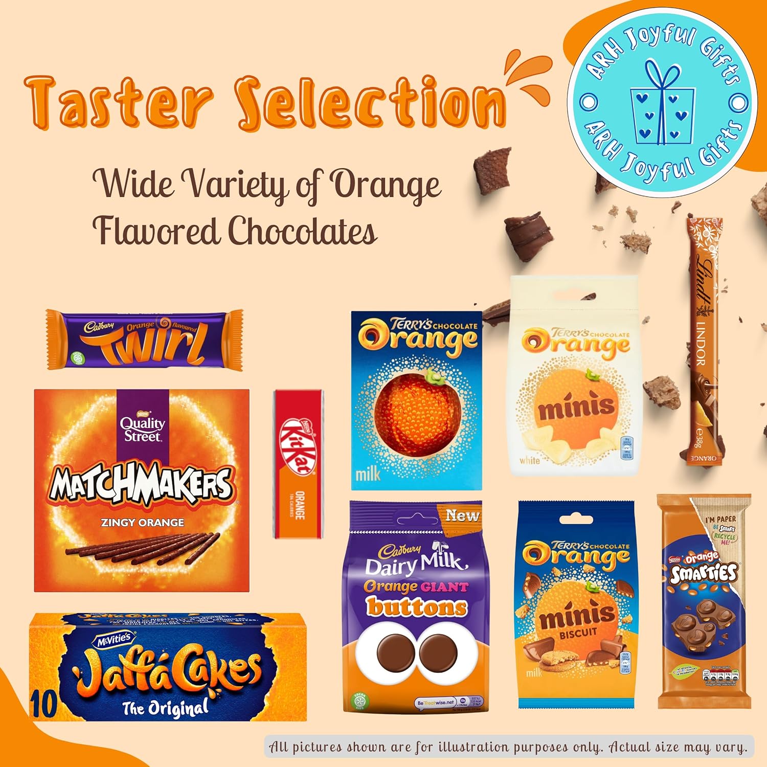 Medium Orange Chocolate Gift with Terrys Chocolate Orange Box, Bag and Minis, Cadbury Chocolate Twirl and Buttons, Quality Street Matchmakers, Mcvities Jaffa Cakes, Lind, Kit Kat, and Smarties-2