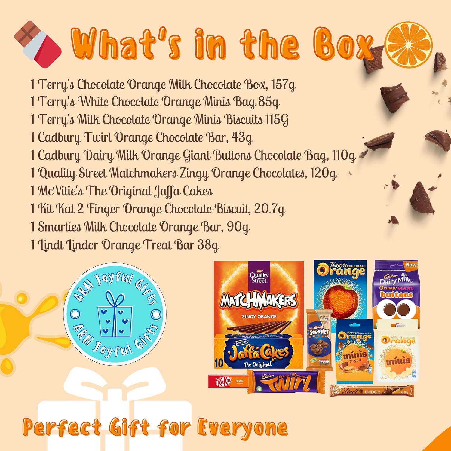 Medium Orange Chocolate Gift with Terrys Chocolate Orange Box, Bag and Minis, Cadbury Chocolate Twirl and Buttons, Quality Street Matchmakers, Mcvities Jaffa Cakes, Lind, Kit Kat, and Smarties-3