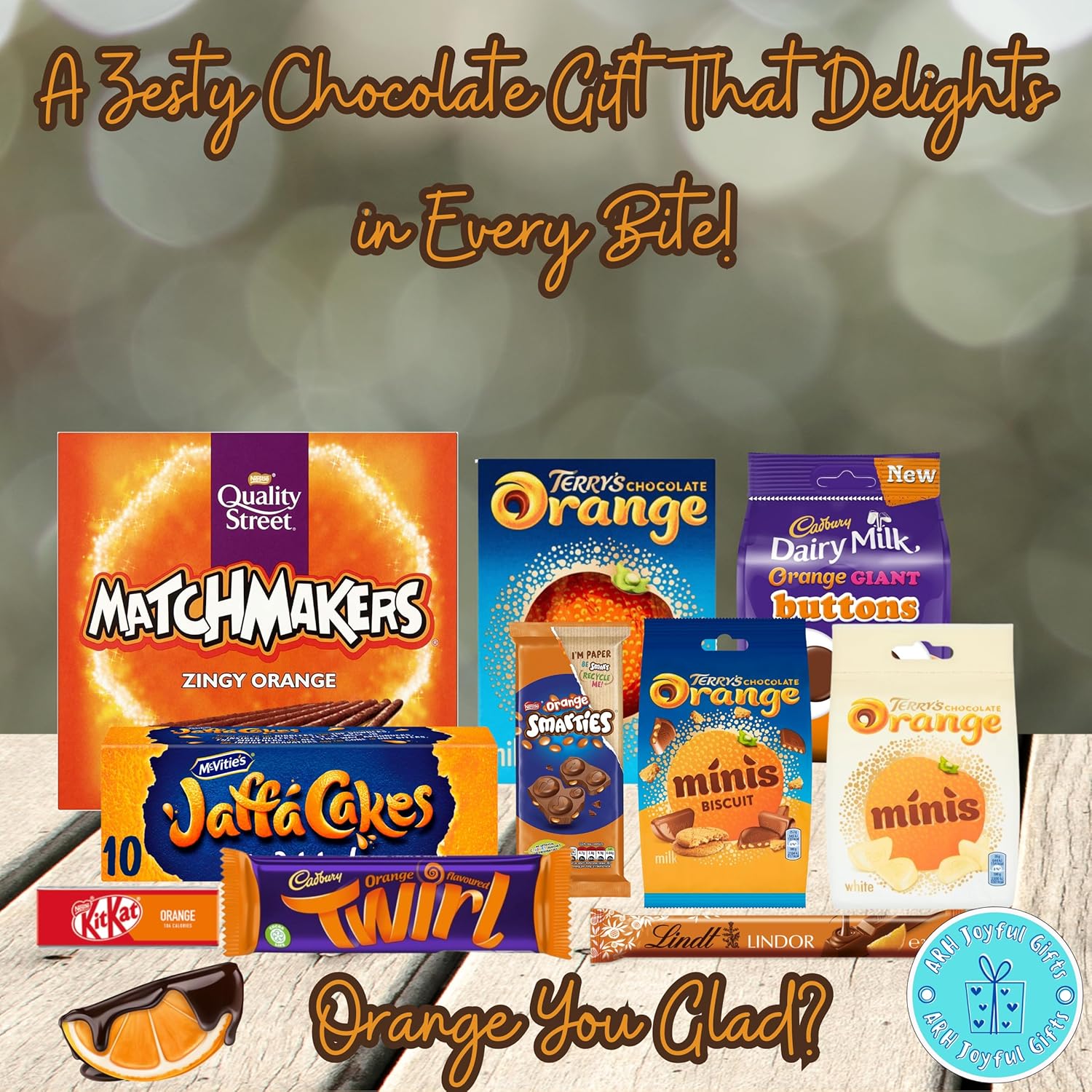 Medium Orange Chocolate Gift with Terrys Chocolate Orange Box, Bag and Minis, Cadbury Chocolate Twirl and Buttons, Quality Street Matchmakers, Mcvities Jaffa Cakes, Lind, Kit Kat, and Smarties-5