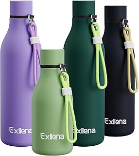 Exllena Small Water Bottle 350ml with Silicone Strap, Double Wall Vacuum Small Metal Water Bottle Keeps Drinks Cold 24 Hrs/Hot 12 Hrs, Small Water Bottle for Handbag BPA Free(Macaron Green)