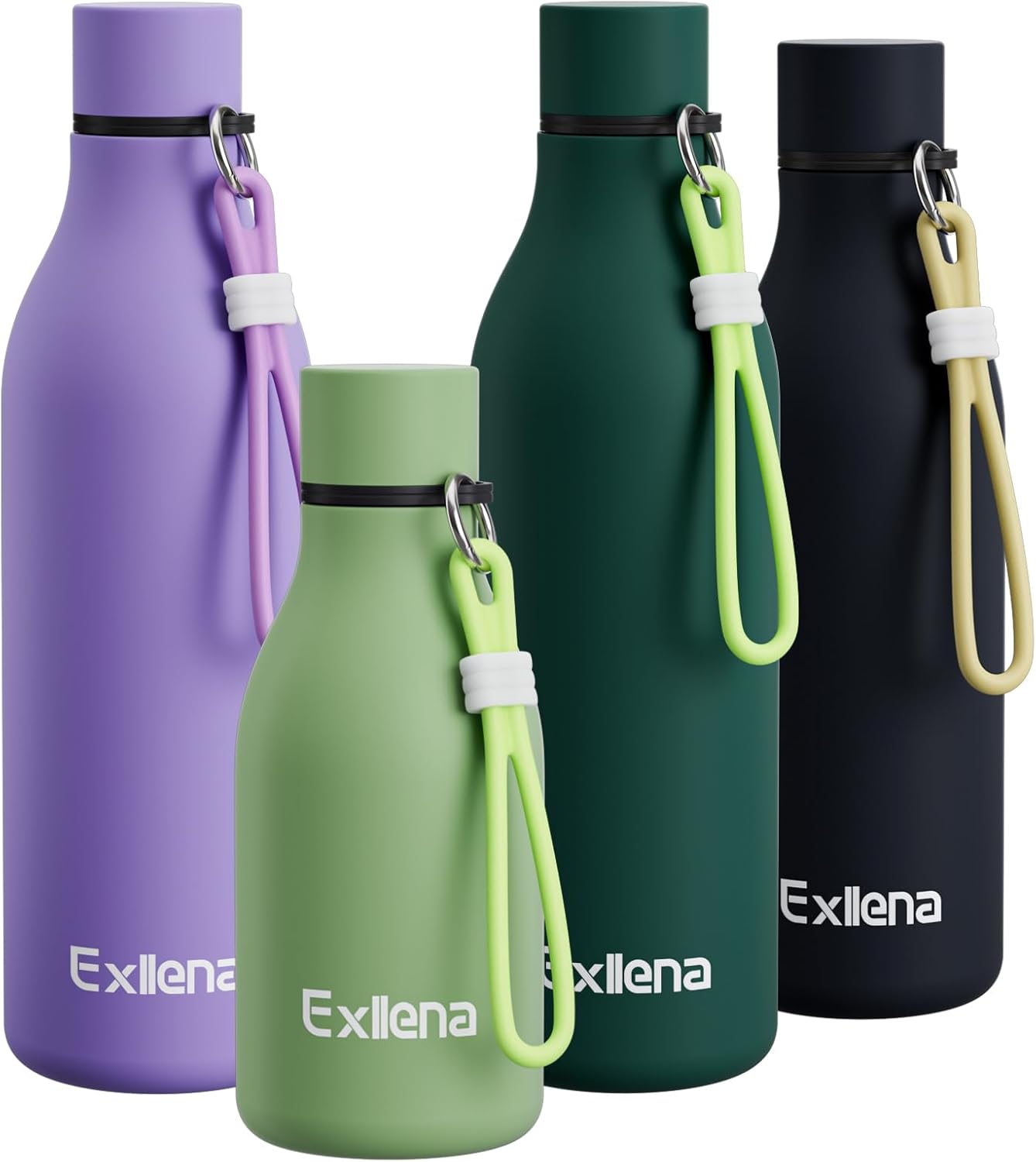 Exllena Small Water Bottle 350ml with Silicone Strap, Double Wall Vacuum Small Metal Water Bottle Keeps Drinks Cold 24 Hrs/Hot 12 Hrs, Small Water Bottle for Handbag BPA Free(Macaron Green)-0