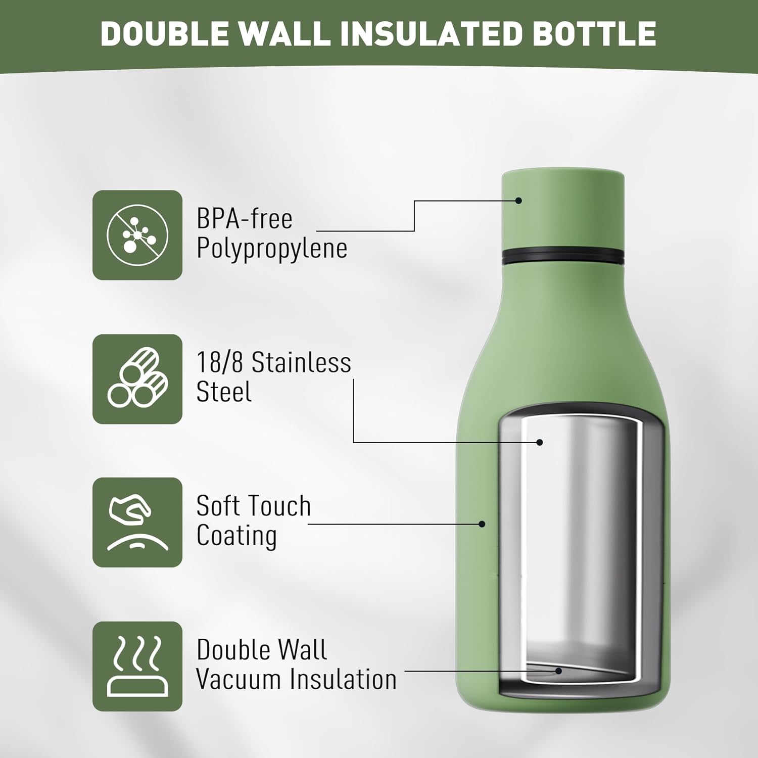 Exllena Small Water Bottle 350ml with Silicone Strap, Double Wall Vacuum Small Metal Water Bottle Keeps Drinks Cold 24 Hrs/Hot 12 Hrs, Small Water Bottle for Handbag BPA Free(Macaron Green)-2