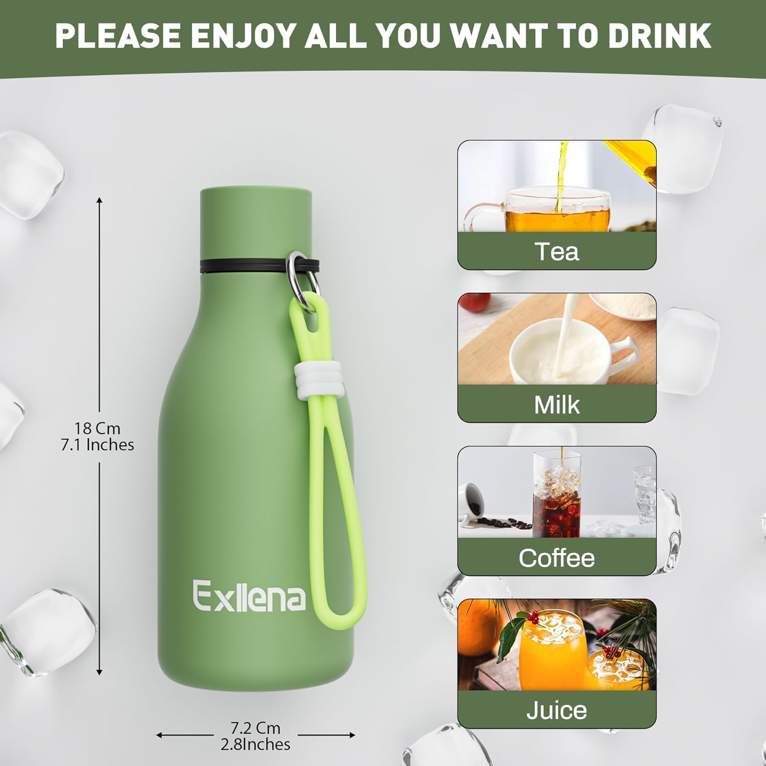 Exllena Small Water Bottle 350ml with Silicone Strap, Double Wall Vacuum Small Metal Water Bottle Keeps Drinks Cold 24 Hrs/Hot 12 Hrs, Small Water Bottle for Handbag BPA Free(Macaron Green)-3