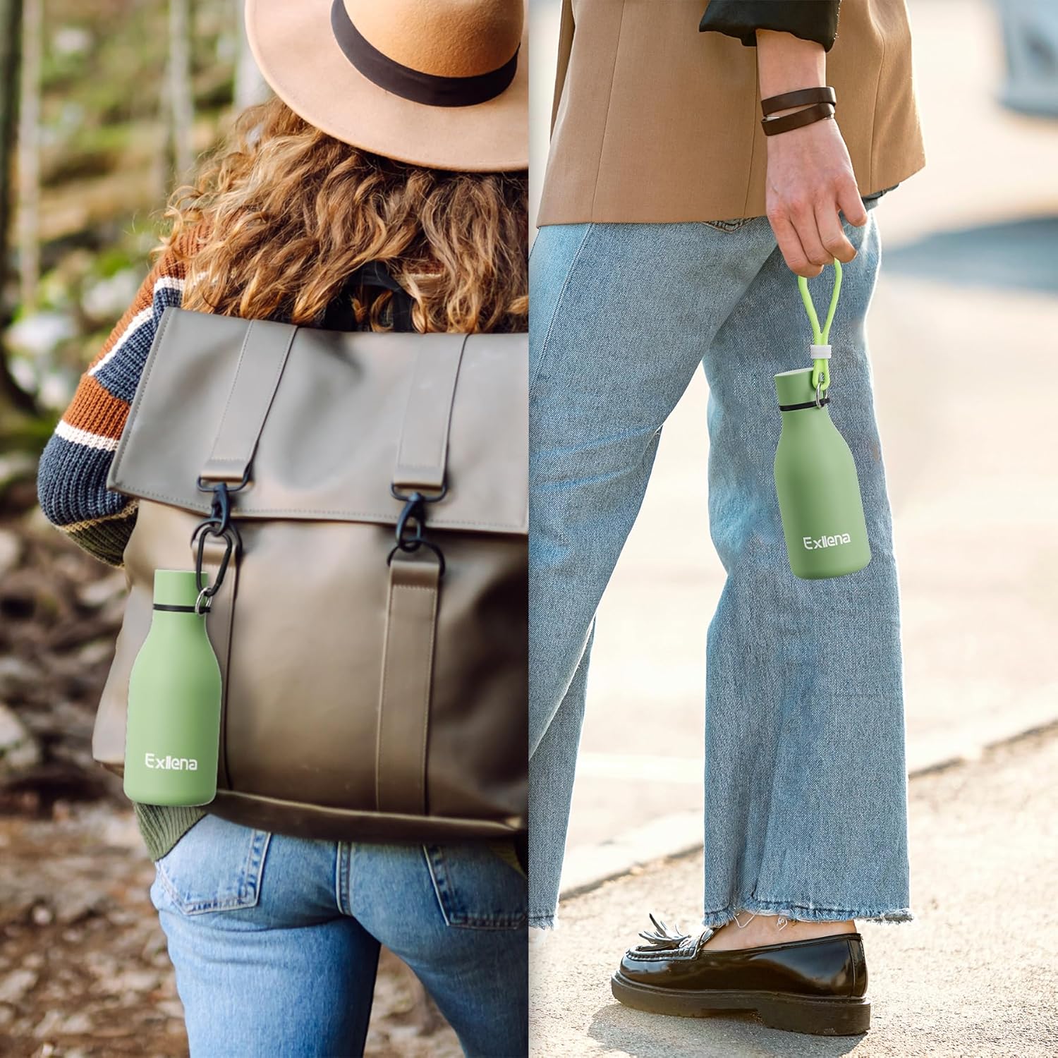 Exllena Small Water Bottle 350ml with Silicone Strap, Double Wall Vacuum Small Metal Water Bottle Keeps Drinks Cold 24 Hrs/Hot 12 Hrs, Small Water Bottle for Handbag BPA Free(Macaron Green)-5