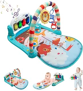 WHDJSPIN® Baby Play Mat, Baby Gym Piano Mat with Music, Light and Rattles, Thicken Baby Play Gym for Newborn 0-36 Months, Baby Sensory Tummy Time Mat, Blue Zoo Print