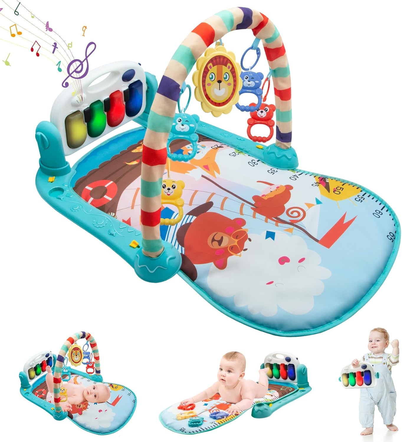 WHDJSPIN® Baby Play Mat, Baby Gym Piano Mat with Music, Light and Rattles, Thicken Baby Play Gym for Newborn 0-36 Months, Baby Sensory Tummy Time Mat, Blue Zoo Print-0