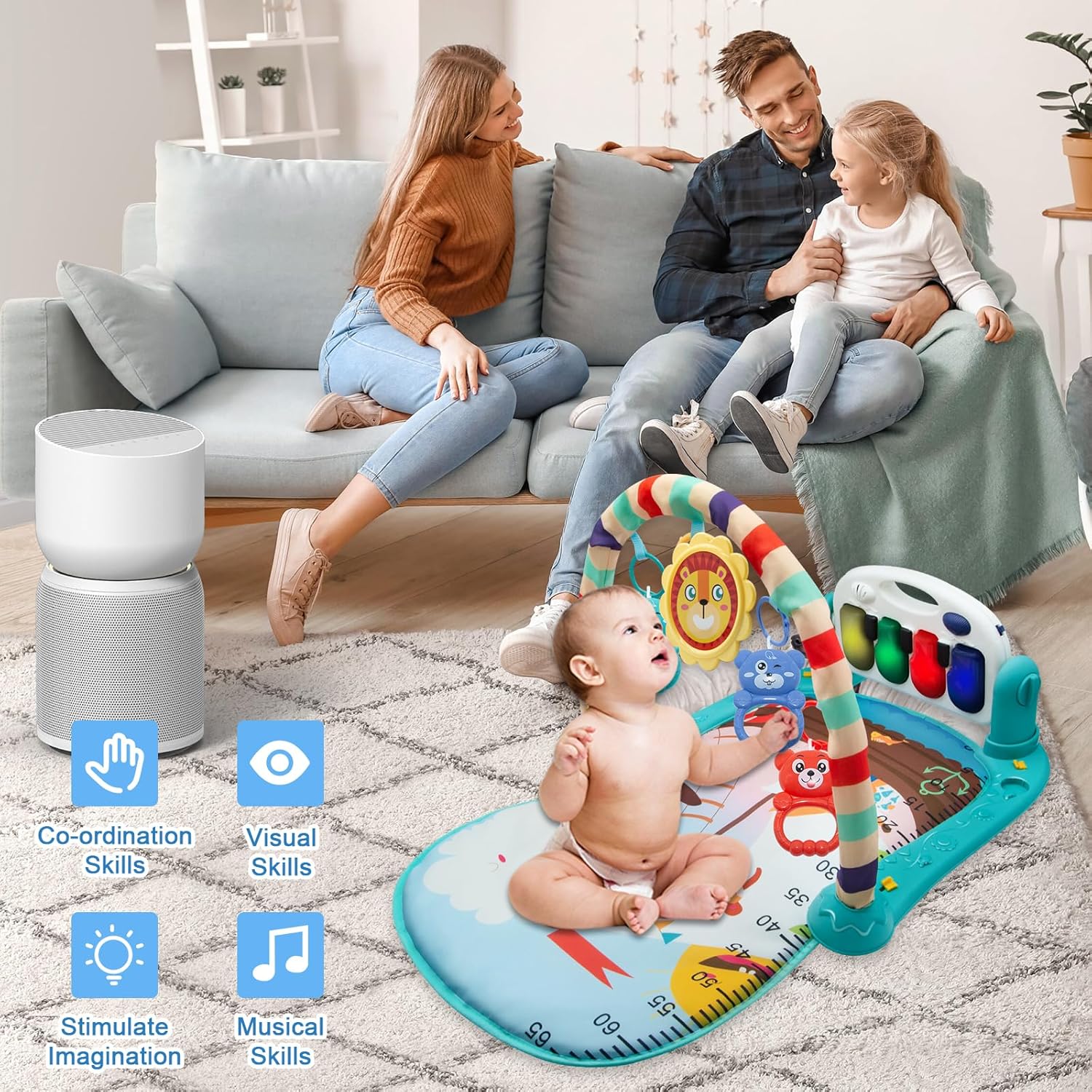 WHDJSPIN® Baby Play Mat, Baby Gym Piano Mat with Music, Light and Rattles, Thicken Baby Play Gym for Newborn 0-36 Months, Baby Sensory Tummy Time Mat, Blue Zoo Print-1