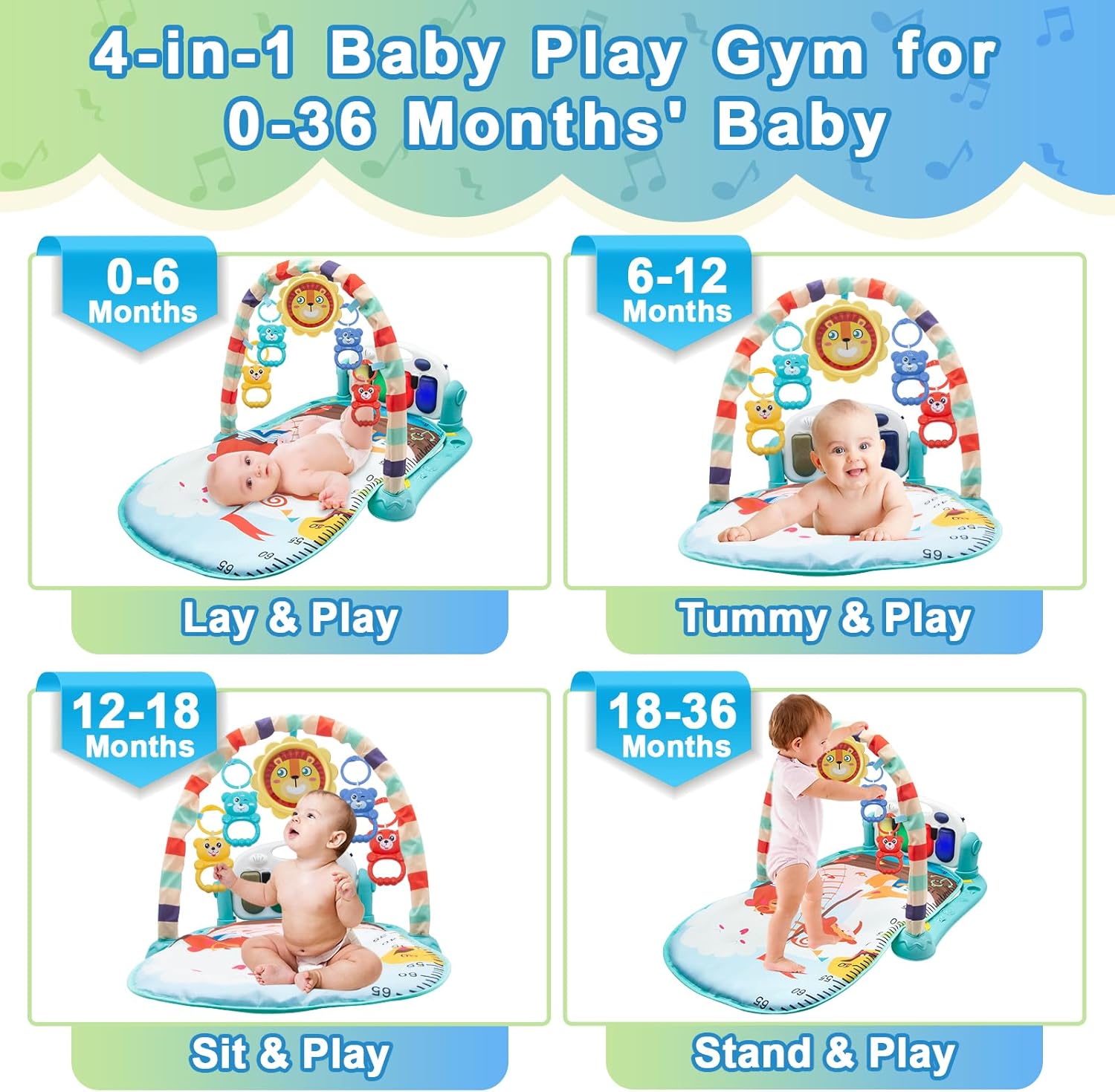 WHDJSPIN® Baby Play Mat, Baby Gym Piano Mat with Music, Light and Rattles, Thicken Baby Play Gym for Newborn 0-36 Months, Baby Sensory Tummy Time Mat, Blue Zoo Print-3