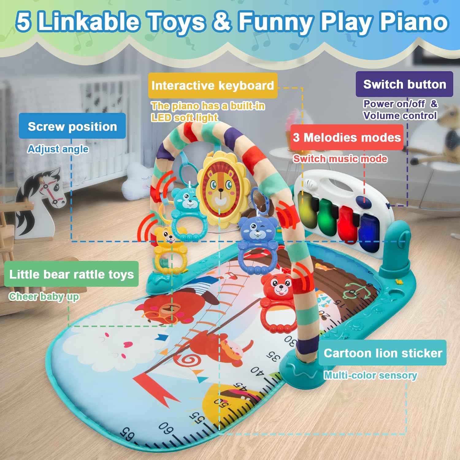 WHDJSPIN® Baby Play Mat, Baby Gym Piano Mat with Music, Light and Rattles, Thicken Baby Play Gym for Newborn 0-36 Months, Baby Sensory Tummy Time Mat, Blue Zoo Print-4