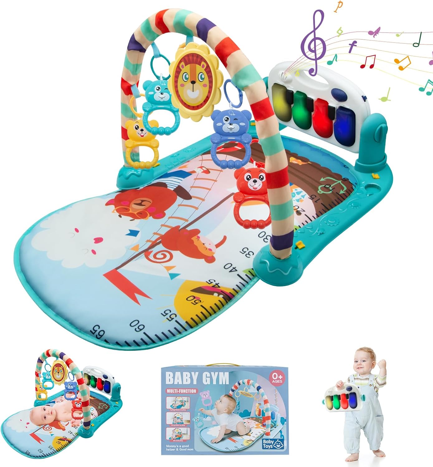 WHDJSPIN® Baby Play Mat, Baby Gym Piano Mat with Music, Light and Rattles, Thicken Baby Play Gym for Newborn 0-36 Months, Baby Sensory Tummy Time Mat, Blue Zoo Print-6