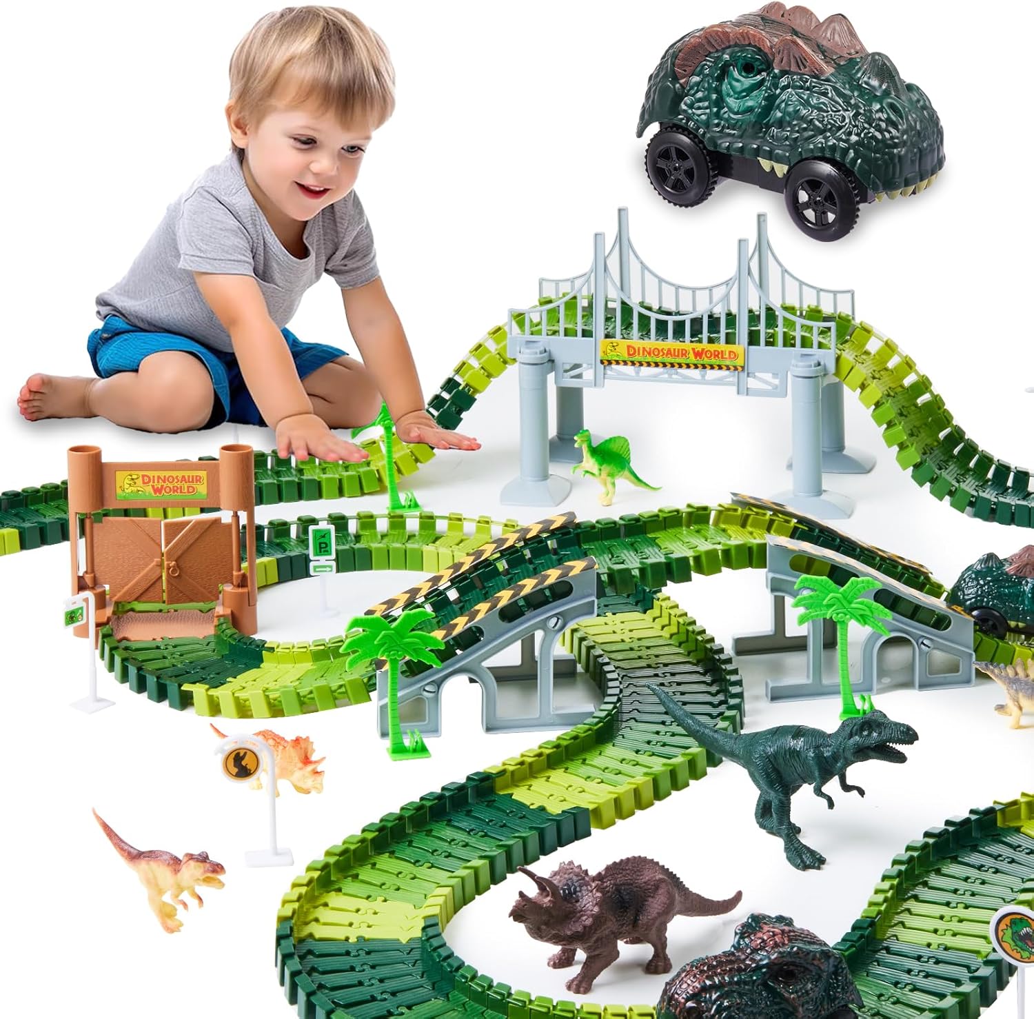 GleamKid 288 PCS Dinosaur Race Car Track Toys, Flexible Dinosaur Track Toy Set, Toys for 3 4 5 6 7 8 Year Old Boys Gifts, 2 Dinosaurs Toy Cars-0