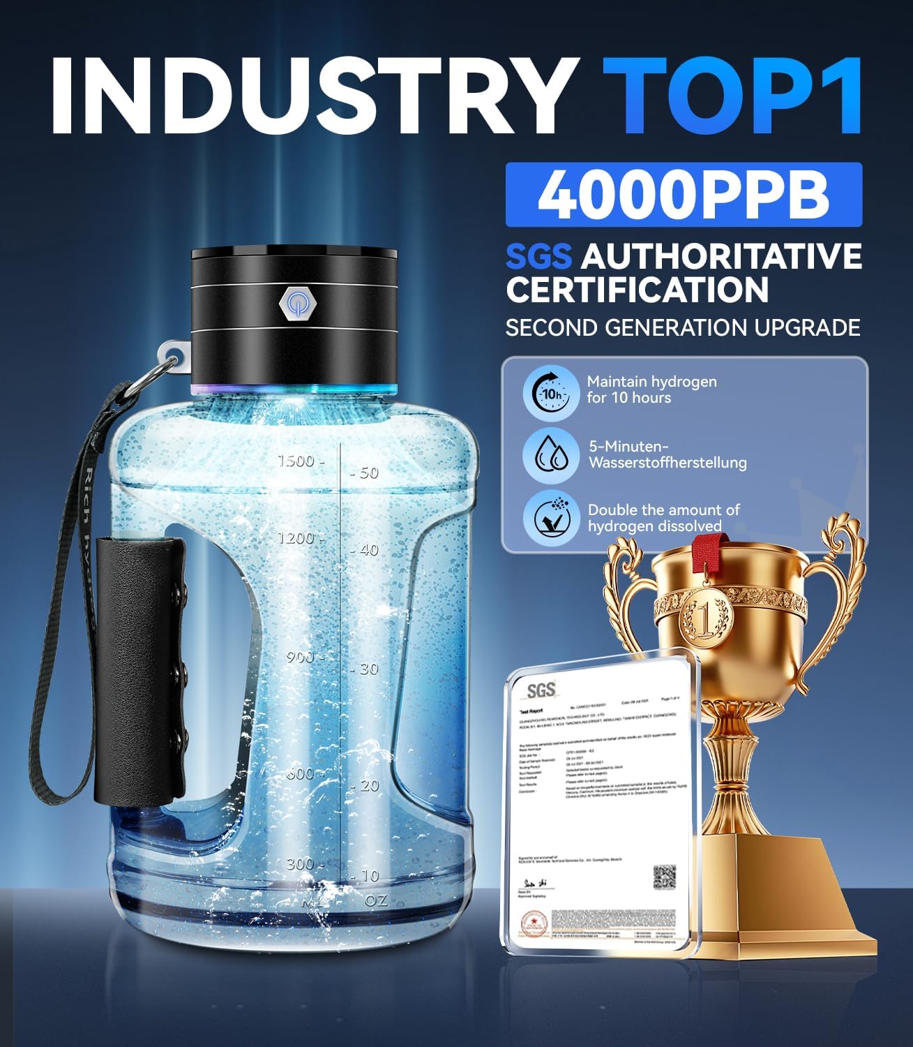 IUHFSIFS Upgrade 1.5L Hydrogen Water Bottle UK【NO.1 Hydrogen Content】【CAS Global Certificate - 4000PPB】 Hydrogen water generator with TOP SPE PEM Technique 1.5L Outdoor Sports Hydrogen Bottle-1