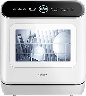 COMFEE' Mini Plus Dishwasher CDWMT305W-UK Compact Table Top Countertop Dishwasher with Built-in 6L Water Tank, Hygiene Wash, Auto Door Open Drying, Energy Class D - White