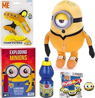 Hasbro Despicable Me Minions Toys & Games Mega Bundle - Exploding Minions Card Game, Foam Flyer, MyMoji Miniature Figures, Water Bottle, & Stuart 30cm Plush Toy