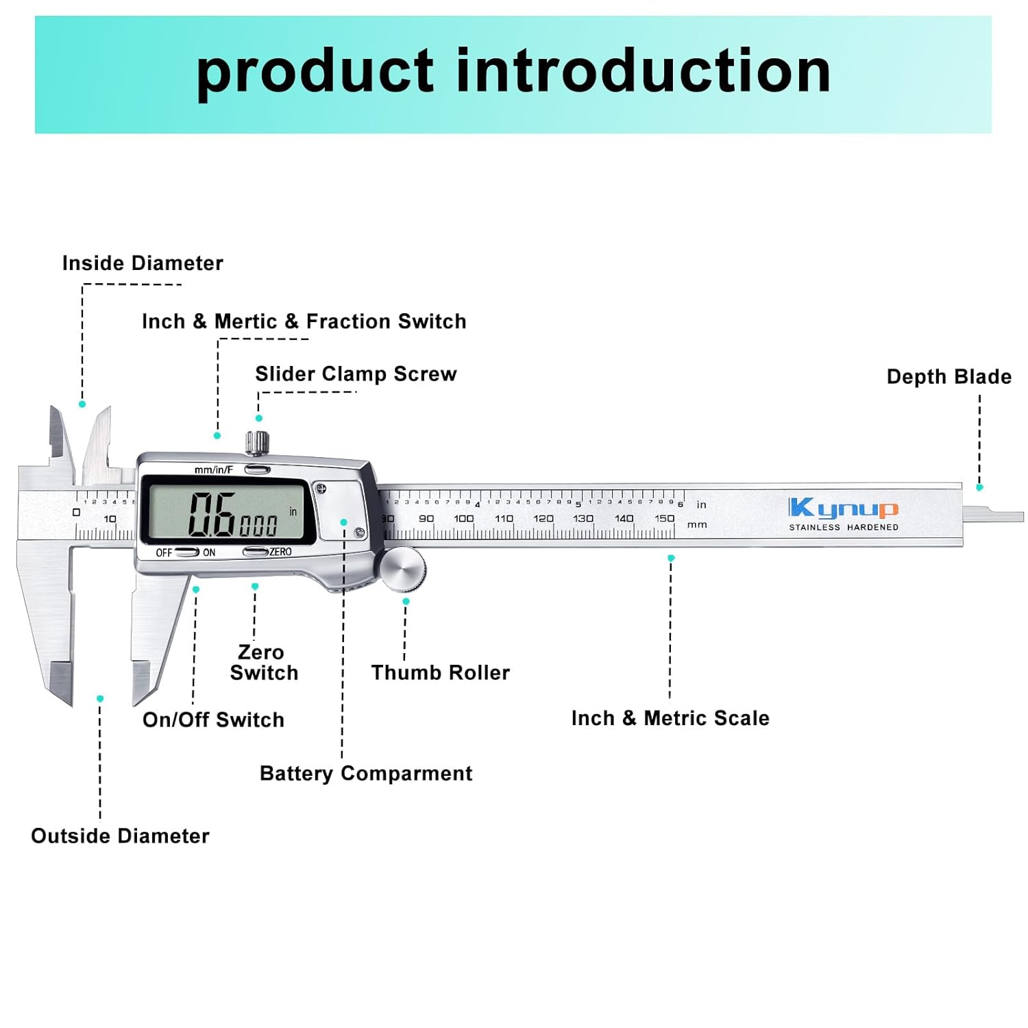 Kynup Digital Vernier Caliper, 150mm Electronic Calipers Measuring Tool, Precision Digital Tool Vernier Micrometer Measuring Tools with Mm/Inch/Fraction Conversion-4