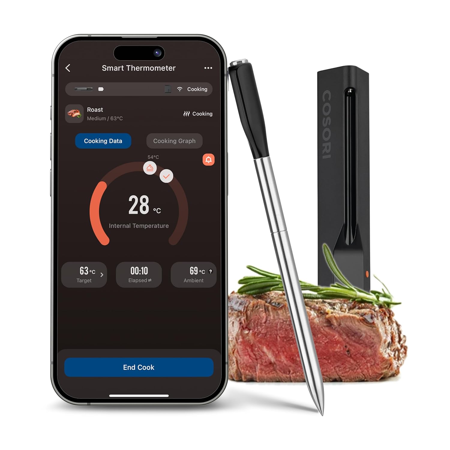 COSORI Smart Wireless Meat Thermometer Probe, Bluetooth Food Thermometer with Accurate Sensors and Smart App, Digital Cooking Thermometer for Oven Grill Kitchen BBQ Smoker and Air Fryer-0