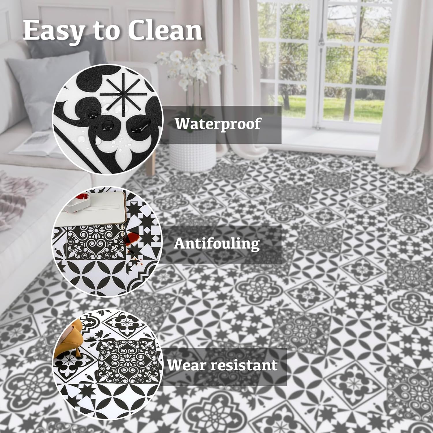 Elffloor Adhesive Floor Tiles Peel and Stick Floor Tiles Vinyl Flooring for Kitchen Bathroom Living Room Waterproof Black White 20X20cm 70pcs-4