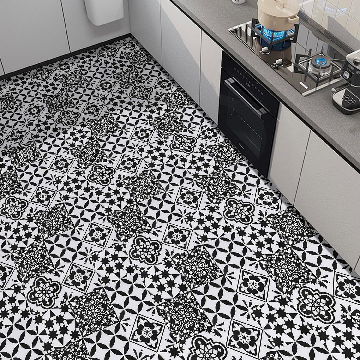 Elffloor Adhesive Floor Tiles Peel and Stick Floor Tiles Vinyl Flooring for Kitchen Bathroom Living Room Waterproof Black White 20X20cm 70pcs-5