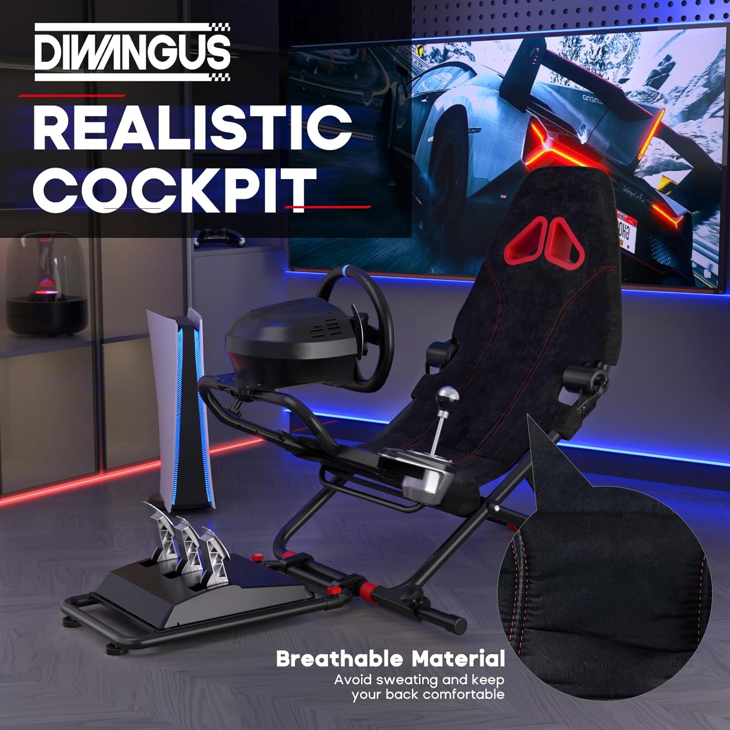 DIWANGUS Racing Simulator Cockpit with Foldable Seat Sim Racing Cockpit Steering Wheel Stand Chair Gaming Rig for Logitech G29 G920 G923 G27 G25 Thrustmaster T248X T248 T300RS T150 458 TX Xbox PS4 PS5-7