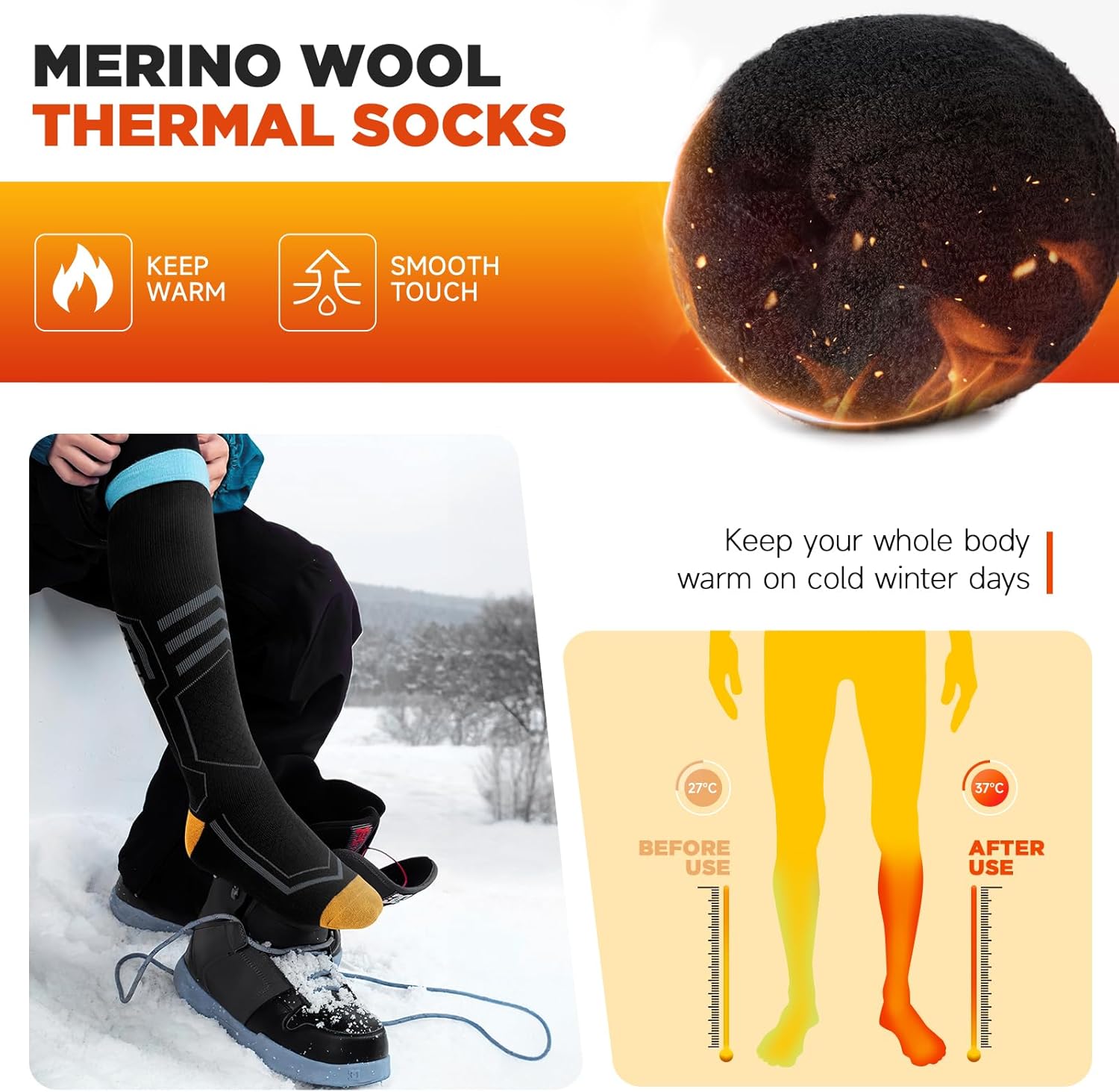 TANSTC Thermal Socks Merino Wool Ski Socks for Men Women,Winter Thick Warm Knee High Sport Socks for Snowboard Walking Hiking Running Skiing and Outdoor Sports 2 pairs-3