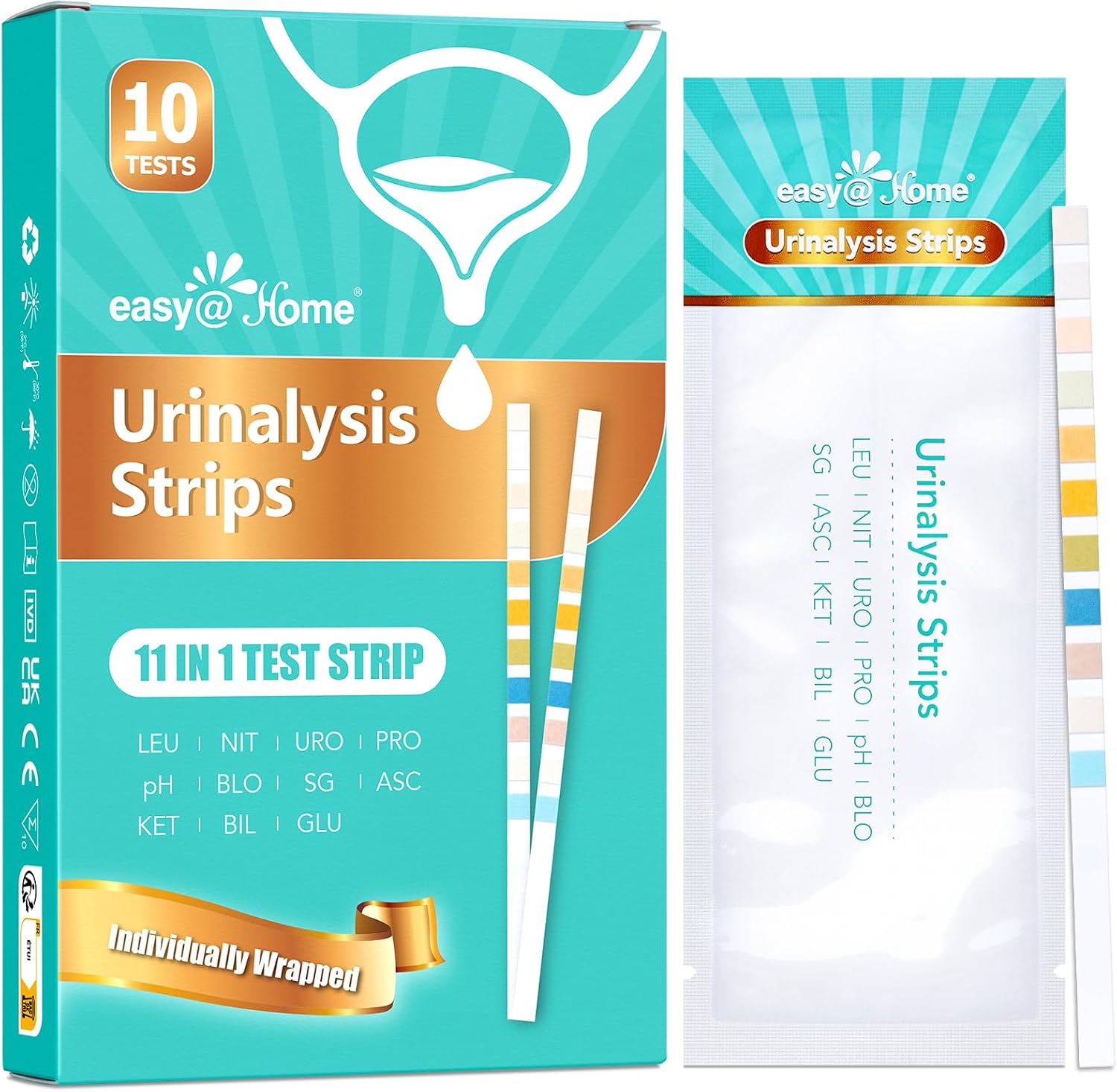 Easy@Home 11-Parameter Urine Test Strips – 10 Pack for UTI Detection, Includes Ketone, Glucose, Blood, pH, Leucocytes, Nitrite, Urobilinogen, Protein, Specific Gravity, Ascorbic Acid, and Bilirubin-0