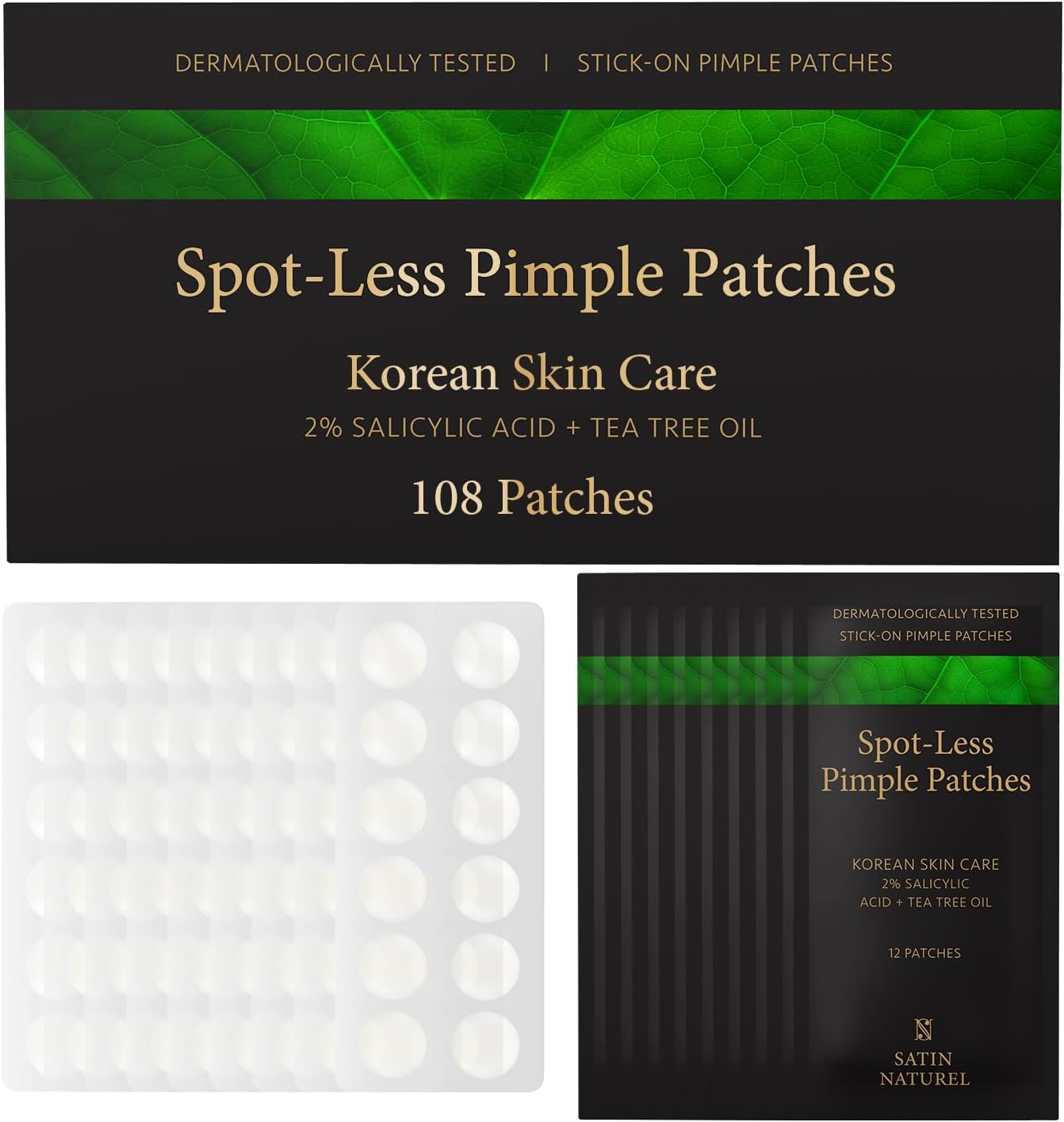 108pcs Pimple Patches with 2% Salicylic Acid + Tea Tree Oil + Hyaluronic Acid - Spot Patches for Acne Treatment Face Care - Korean Skincare Spot Treatment - Acne Patches - Satin Naturel-0