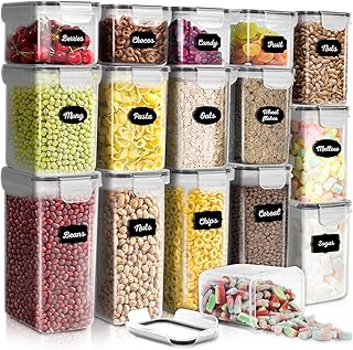 HEFTMAN Airtight Food Storage Container - Set of 16 Plastic Kitchen Storage Containers - Clear, BPA-Free Cereal, Flour, Pasta Storage Containers with Labels & Pen Pantry Organizers and Storage