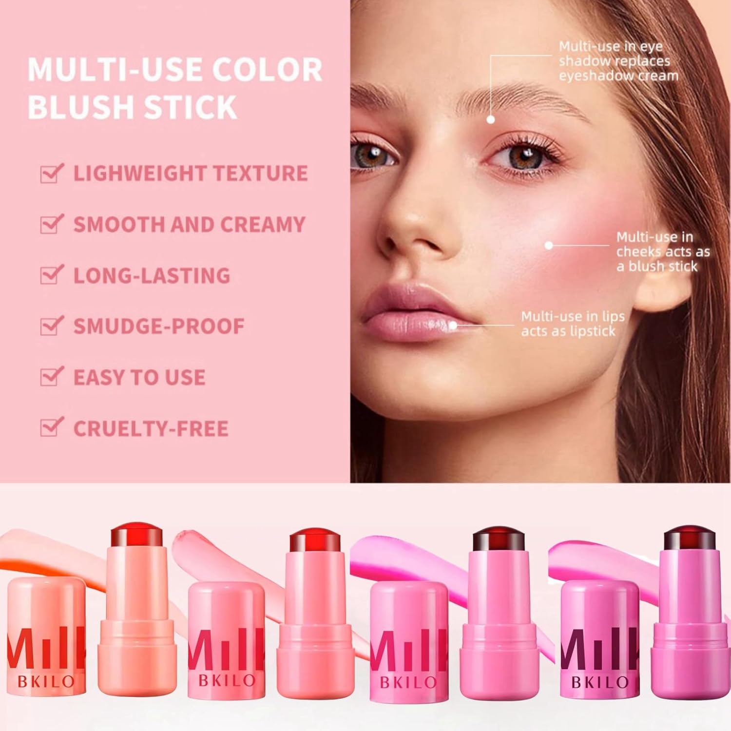 4pcs Milk Jelly Blush Stick,Milk Jelly Tint Stick,Makeup Jelly Tint Set,Cooling Water Jelly Tint,3 in 1 Cream Blush Stick,Cream Contour Stick for Cheeks Lips Eyes,Lip Stains Tints,Blusher Stick-2