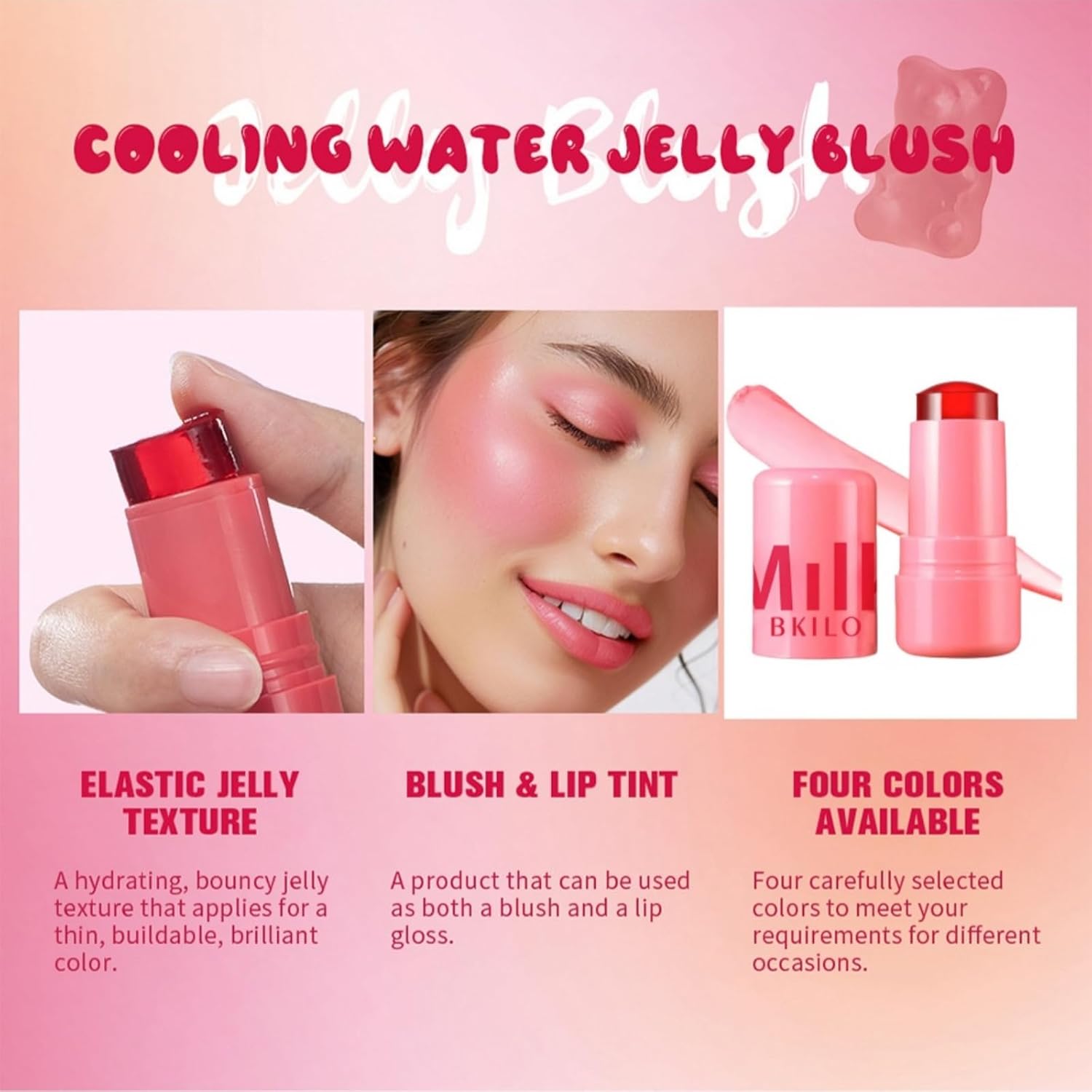 4pcs Milk Jelly Blush Stick,Milk Jelly Tint Stick,Makeup Jelly Tint Set,Cooling Water Jelly Tint,3 in 1 Cream Blush Stick,Cream Contour Stick for Cheeks Lips Eyes,Lip Stains Tints,Blusher Stick-5